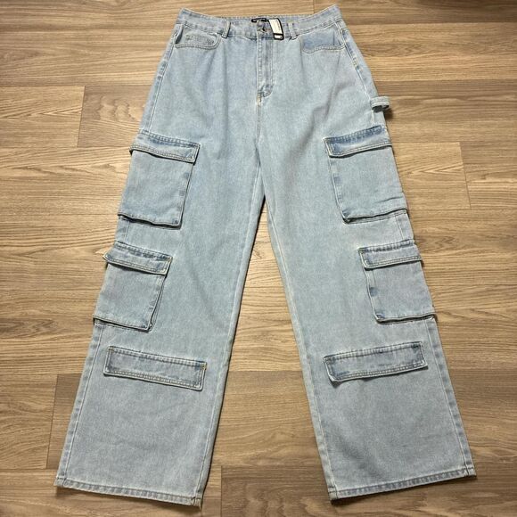 New With Tags PrettyLittleThing Shape Blue Baggy Cargo Wide Leg Jeans Size 12 - Picture 1 of 8